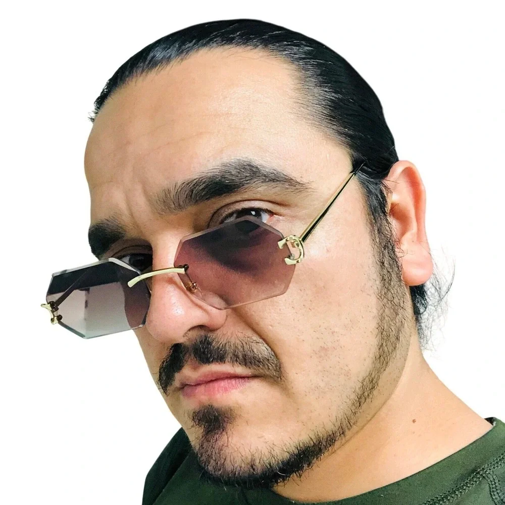 Rimless Sunglasses Men Brown Lens Classic Retro Light Weight UV400 HipHop Street